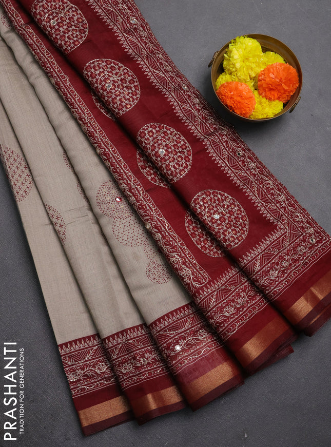 Maheshwari cotton saree grey and maroon with allover prints & mirror work and zari woven embroidery border