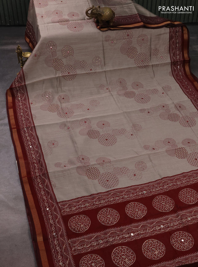 Maheshwari cotton saree grey and maroon with allover prints & mirror work and zari woven embroidery border