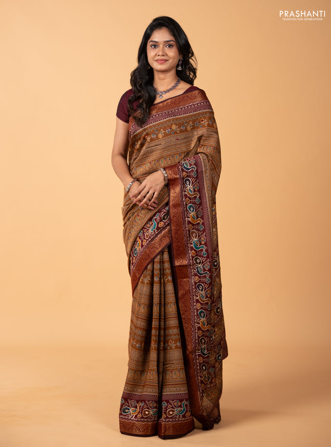 Maheshwari cotton saree dark mustard and maroon with allover prints & mirror work and thread woven embroidery border