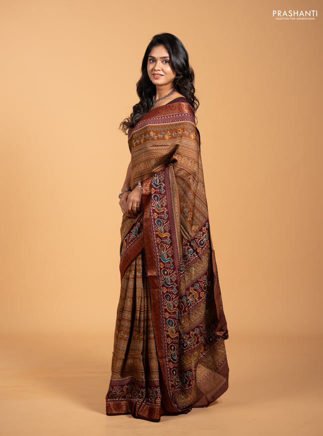 Maheshwari cotton saree dark mustard and maroon with allover prints & mirror work and thread woven embroidery border
