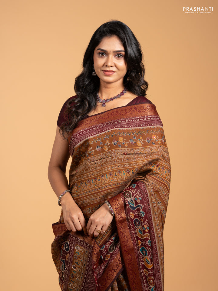 Maheshwari cotton saree dark mustard and maroon with allover prints & mirror work and thread woven embroidery border