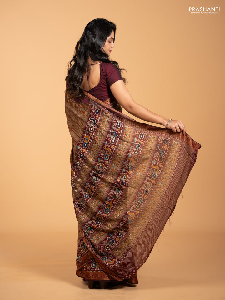 Maheshwari cotton saree dark mustard and maroon with allover prints & mirror work and thread woven embroidery border