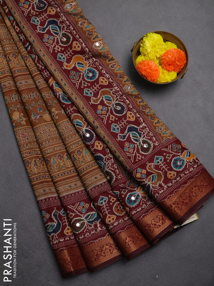Maheshwari cotton saree dark mustard and maroon with allover prints & mirror work and thread woven embroidery border