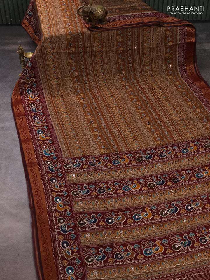Maheshwari cotton saree dark mustard and maroon with allover prints & mirror work and thread woven embroidery border