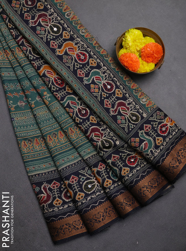 Maheshwari cotton saree peacock green and navy blue with allover prints & mirror work and thread woven embroidery border