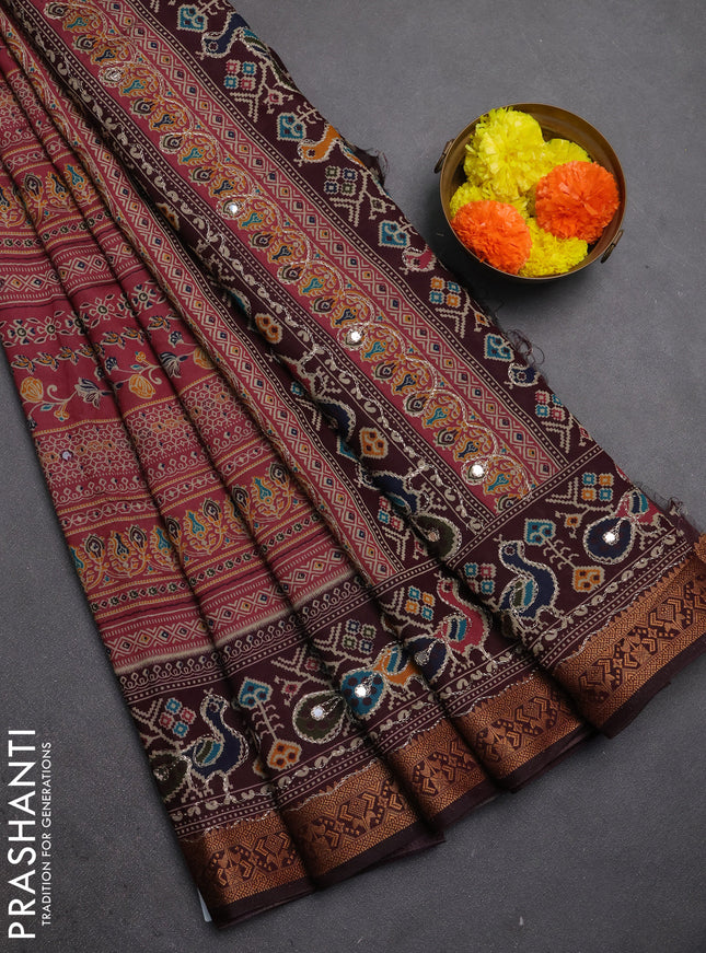 Maheshwari cotton saree pastel maroon and wine shade with allover prints & mirror work and thread woven embroidery border