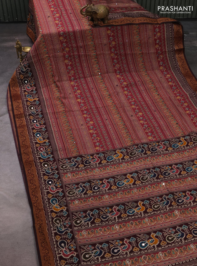 Maheshwari cotton saree pastel maroon and wine shade with allover prints & mirror work and thread woven embroidery border