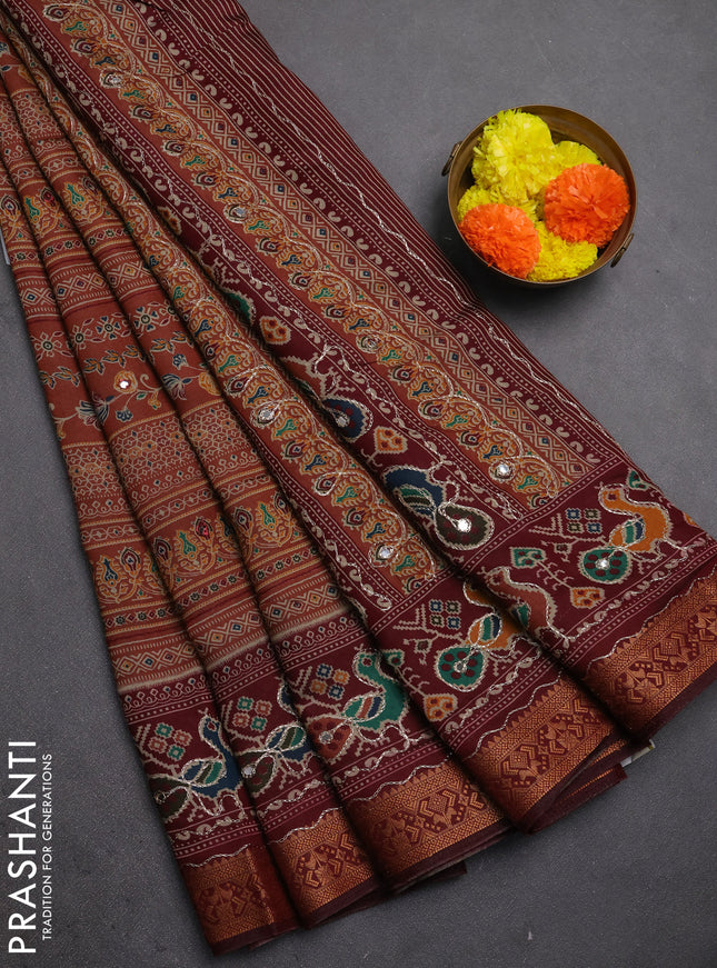 Maheshwari cotton saree brown and maroon with allover prints & mirror work and thread woven embroidery border