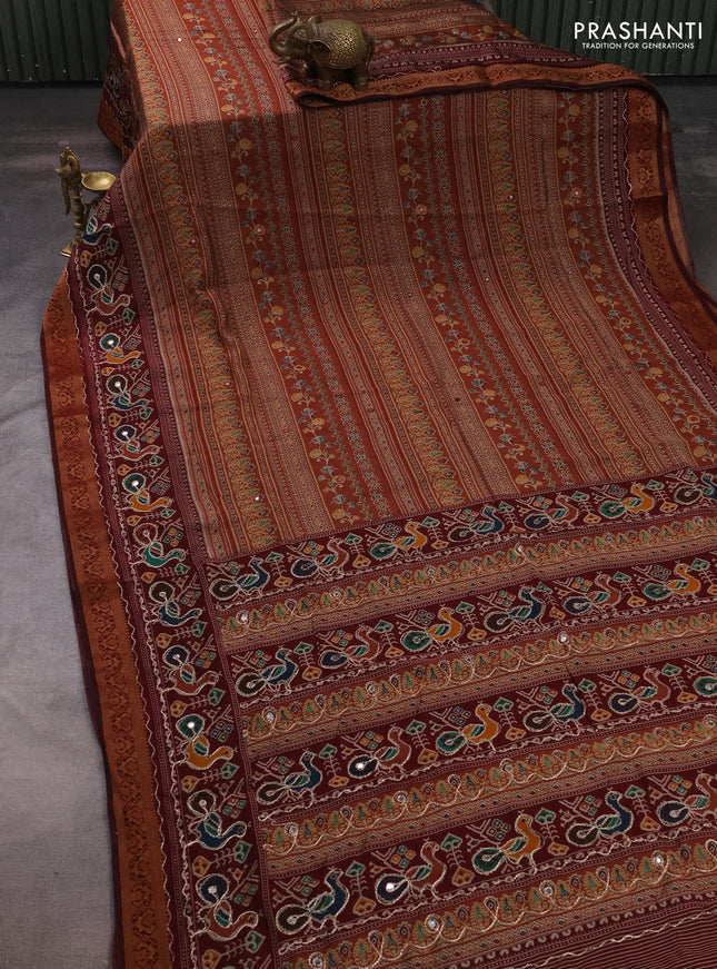 Maheshwari cotton saree brown and maroon with allover prints & mirror work and thread woven embroidery border