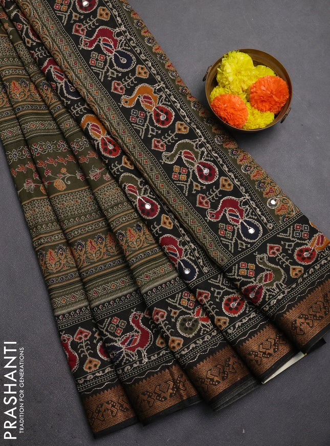 Maheshwari cotton saree sap green and black with allover prints & mirror work and thread woven embroidery border
