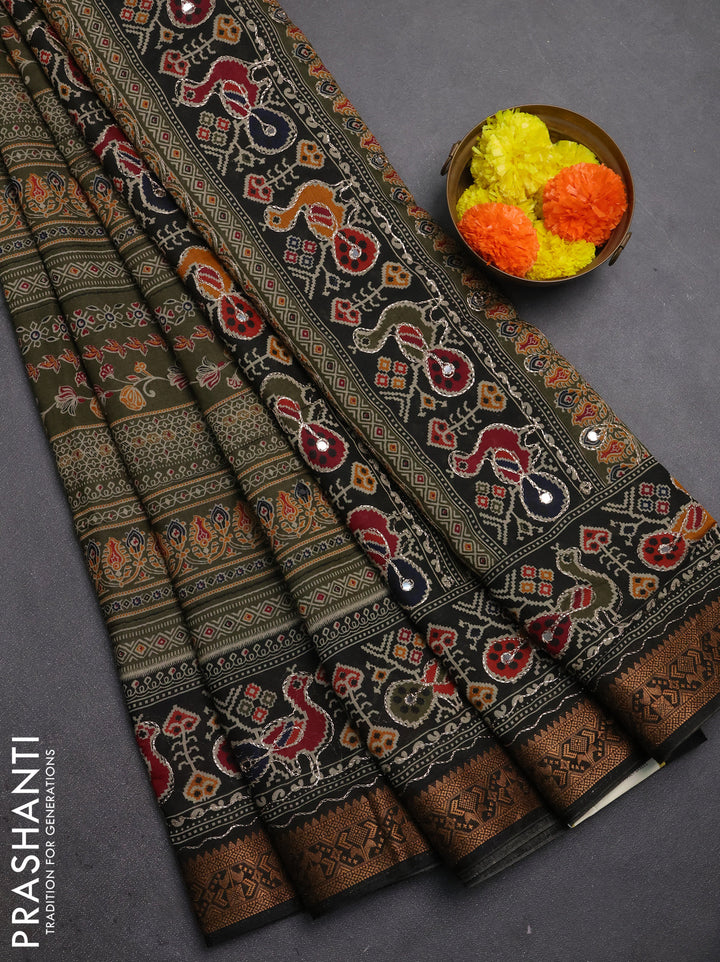 Maheshwari cotton saree sap green and black with allover prints & mirror work and thread woven embroidery border