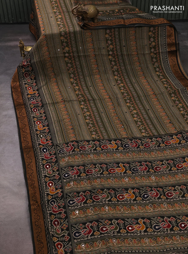 Maheshwari cotton saree sap green and black with allover prints & mirror work and thread woven embroidery border