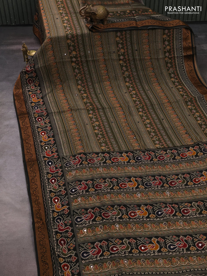 Maheshwari cotton saree sap green and black with allover prints & mirror work and thread woven embroidery border