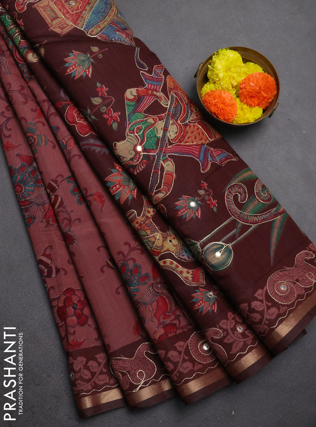 Maheshwari cotton saree pastel maroon and brown kalamkari prints & mirror work and zari woven embroidery border