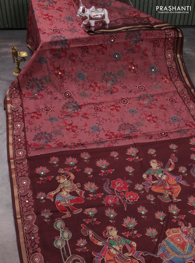 Maheshwari cotton saree pastel maroon and brown kalamkari prints & mirror work and zari woven embroidery border
