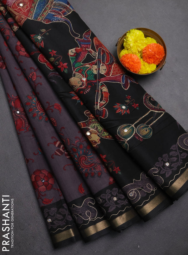 Maheshwari cotton saree grey and black kalamkari prints & mirror work and zari woven embroidery border