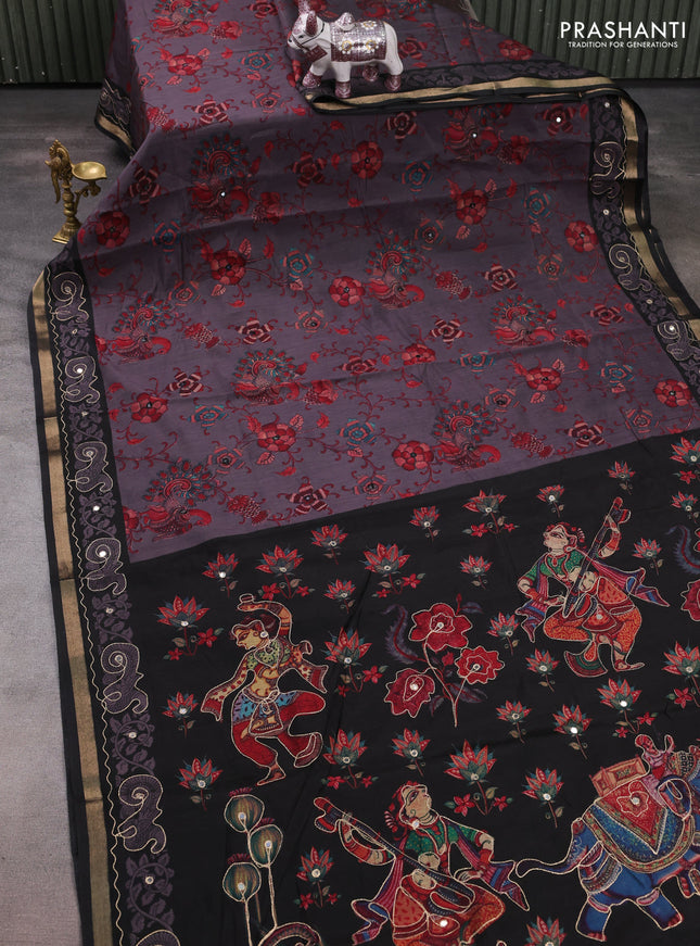 Maheshwari cotton saree grey and black kalamkari prints & mirror work and zari woven embroidery border
