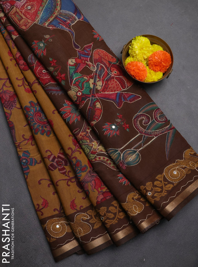Maheshwari cotton saree dark mustard and brown kalamkari prints & mirror work and zari woven embroidery border