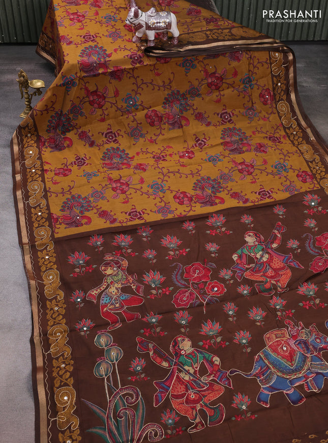 Maheshwari cotton saree dark mustard and brown kalamkari prints & mirror work and zari woven embroidery border