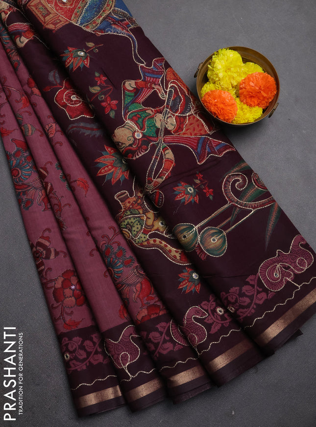 Maheshwari cotton saree mauve pink and wine shade kalamkari prints & mirror work and zari woven embroidery border