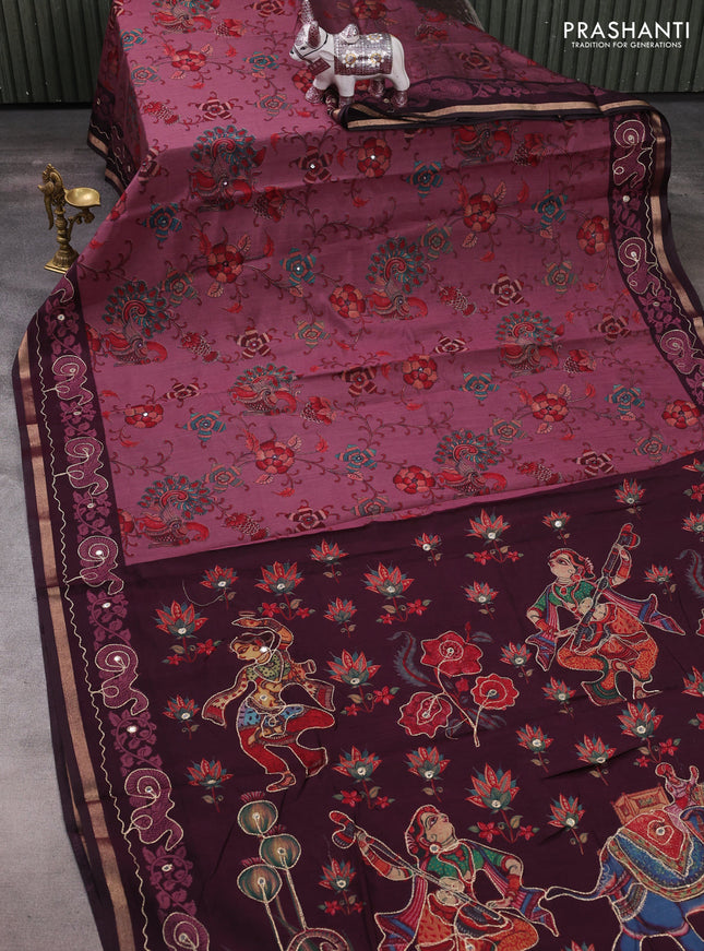 Maheshwari cotton saree mauve pink and wine shade kalamkari prints & mirror work and zari woven embroidery border