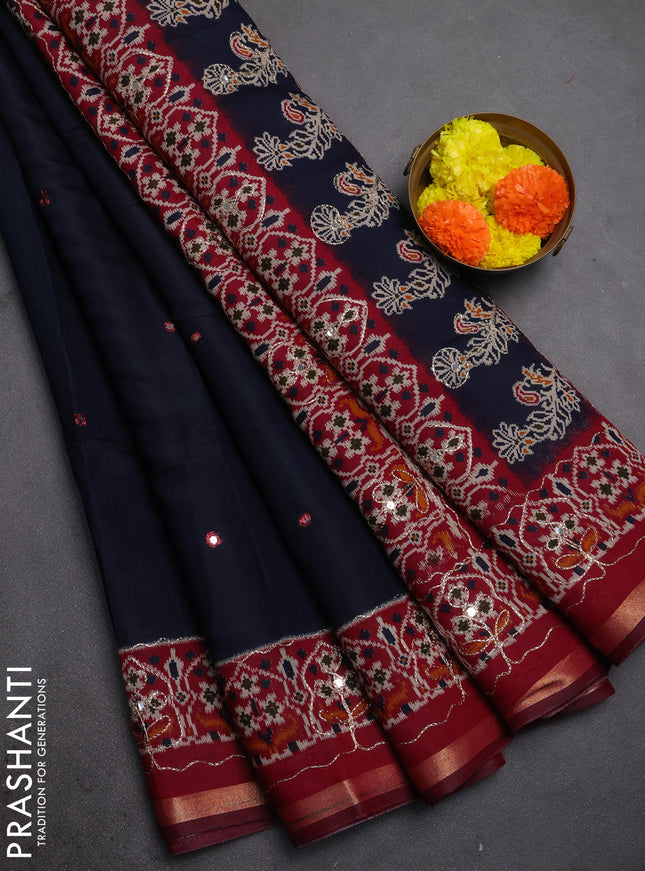 Maheshwari cotton saree dark navy blue and maroon kalamkari prints & mirror work kalamkari prints & mirror work