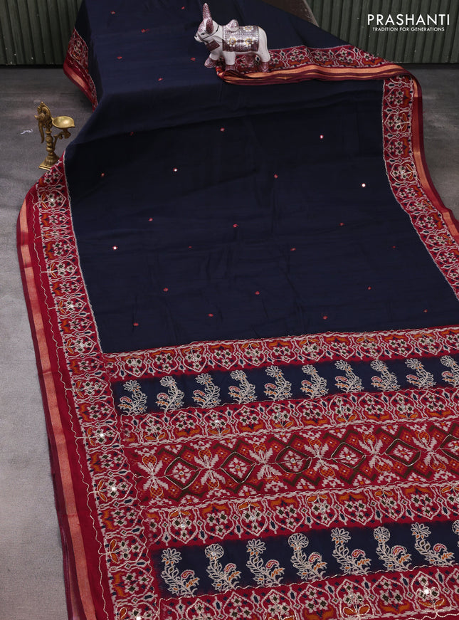 Maheshwari cotton saree dark navy blue and maroon kalamkari prints & mirror work kalamkari prints & mirror work