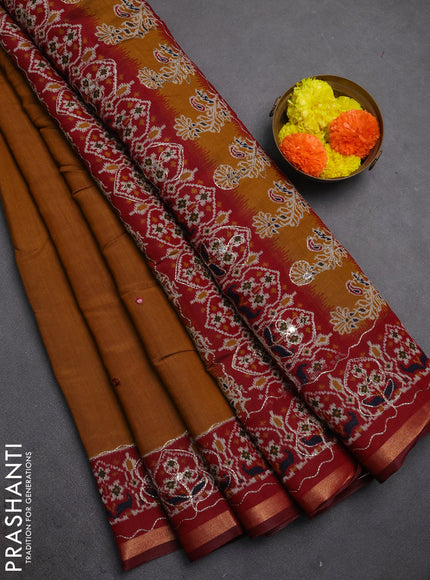 Maheshwari cotton saree dark mustard and maroon kalamkari prints & mirror work kalamkari prints & mirror work
