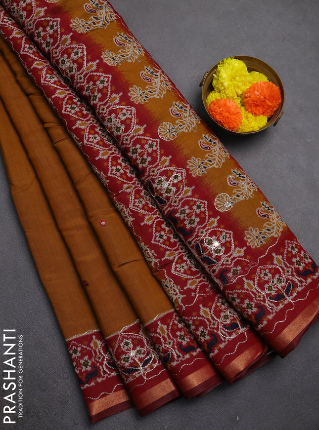 Maheshwari cotton saree dark mustard and maroon kalamkari prints & mirror work kalamkari prints & mirror work