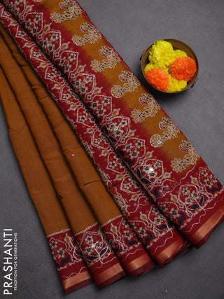 Maheshwari cotton saree dark mustard and maroon kalamkari prints & mirror work kalamkari prints & mirror work