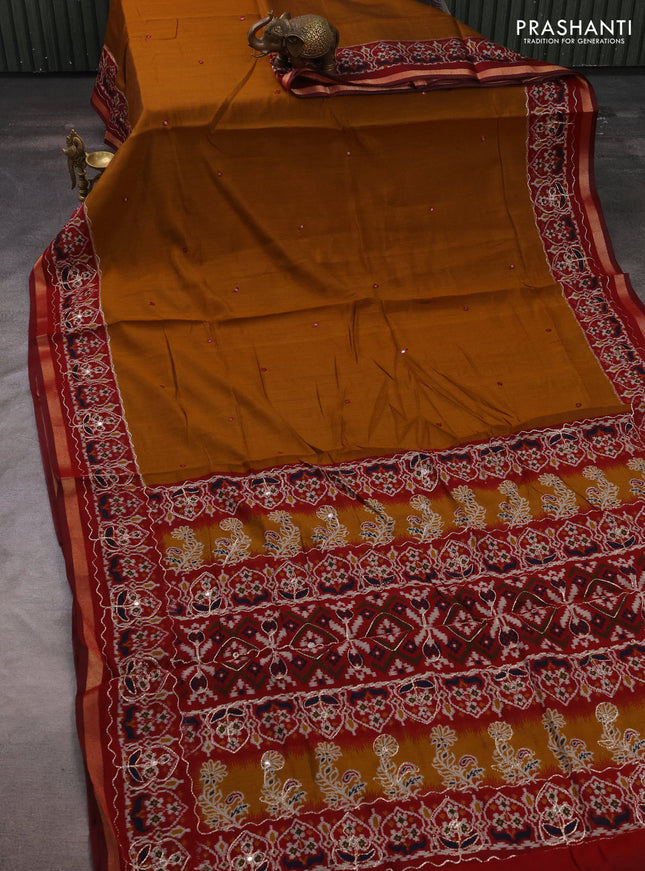Maheshwari cotton saree dark mustard and maroon kalamkari prints & mirror work kalamkari prints & mirror work