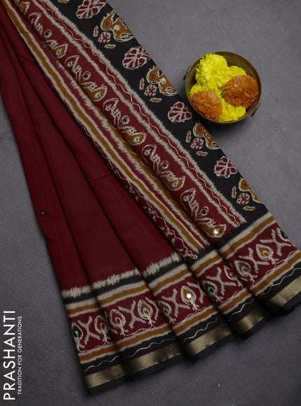 Maheshwari cotton saree maroon and black with mirror embroidery work and ikat printed embroidery border