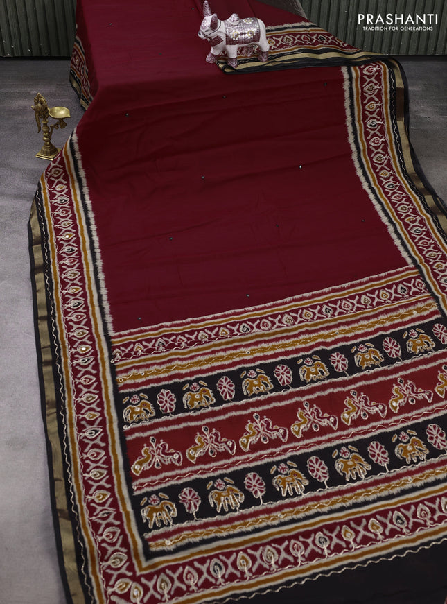 Maheshwari cotton saree maroon and black with mirror embroidery work and ikat printed embroidery border