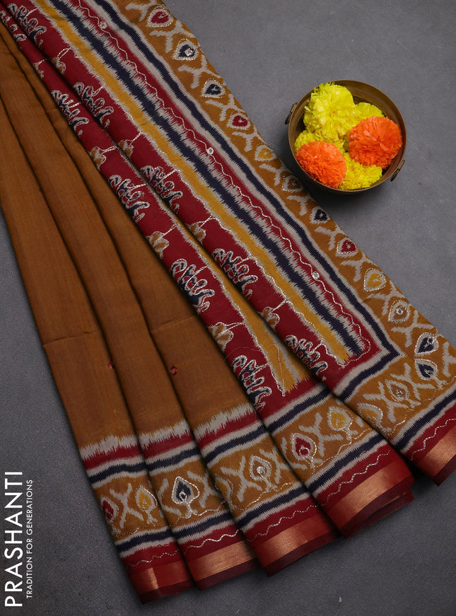 Maheshwari cotton saree dark mustard and maroon with mirror embroidery work and ikat printed embroidery border