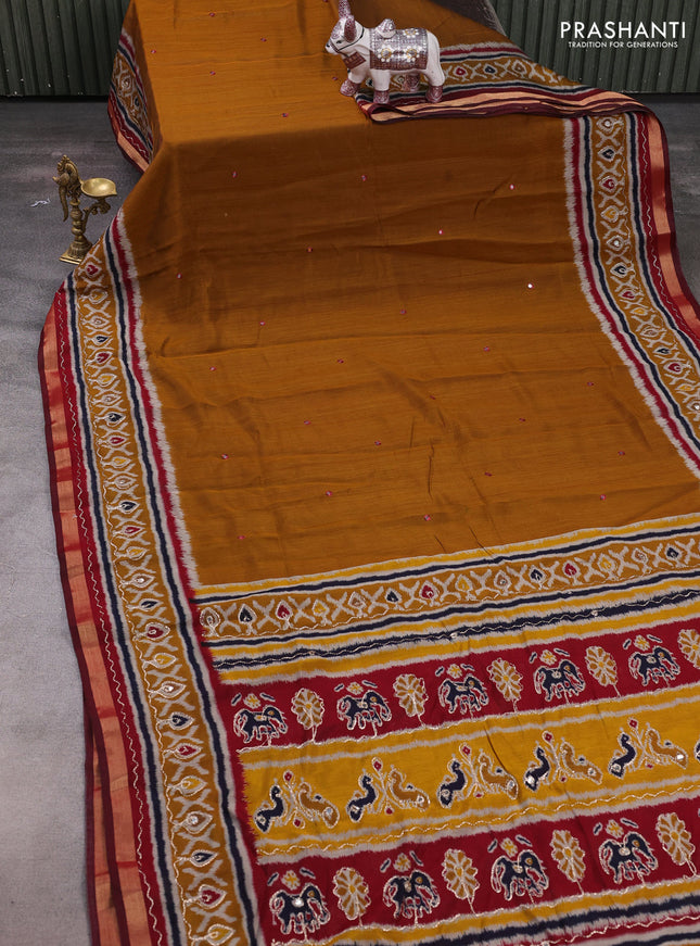 Maheshwari cotton saree dark mustard and maroon with mirror embroidery work and ikat printed embroidery border