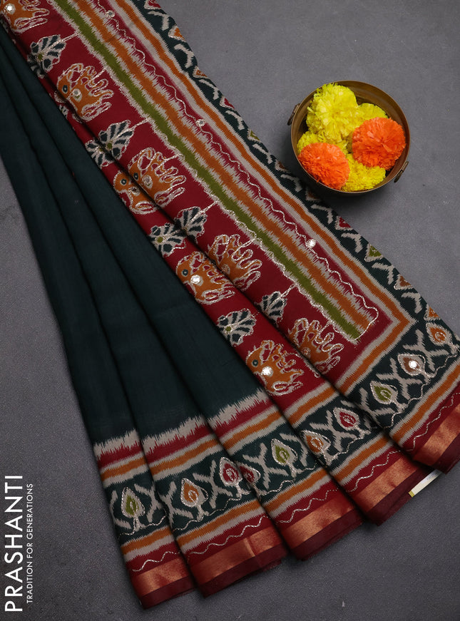 Maheshwari cotton saree bottle green and maroon with mirror embroidery work and ikat printed embroidery border