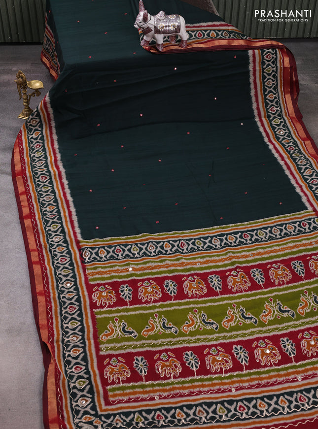 Maheshwari cotton saree bottle green and maroon with mirror embroidery work and ikat printed embroidery border