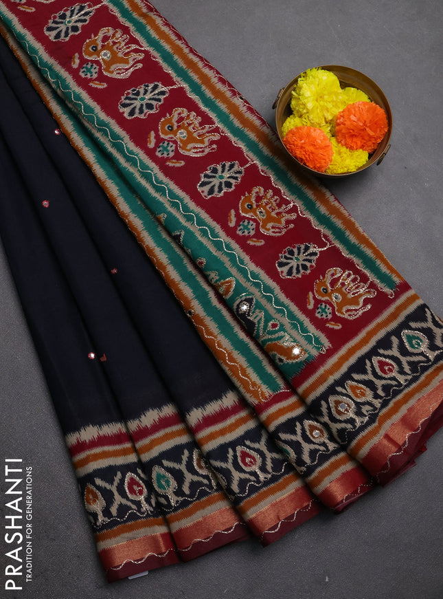 Maheshwari cotton saree dark navy blue and maroon with mirror embroidery work and ikat printed embroidery border