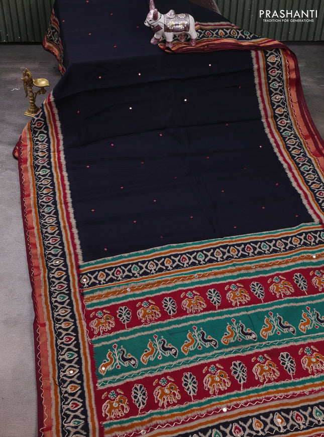 Maheshwari cotton saree dark navy blue and maroon with mirror embroidery work and ikat printed embroidery border