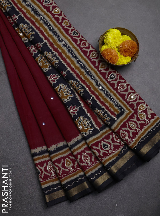 Maheshwari cotton saree maroon and black with mirror embroidery work and ikat printed embroidery border