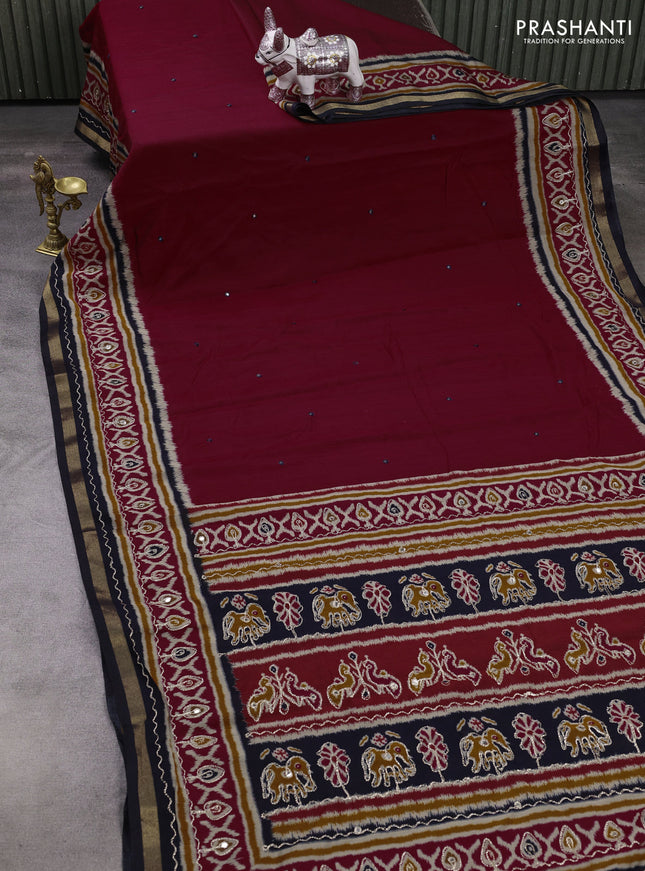 Maheshwari cotton saree maroon and black with mirror embroidery work and ikat printed embroidery border