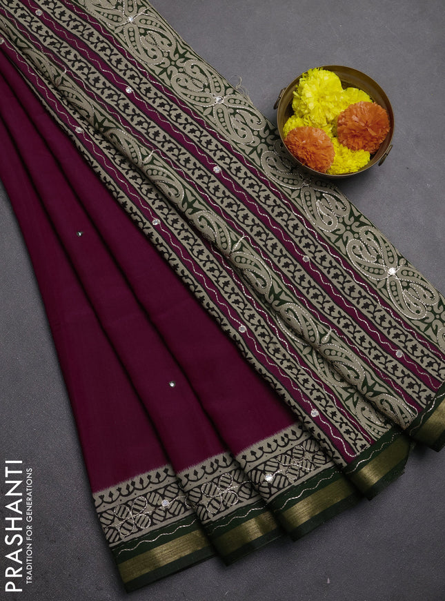 Maheshwari cotton saree magenta pink and green with mirror embroidery work and zari woven embroidery border
