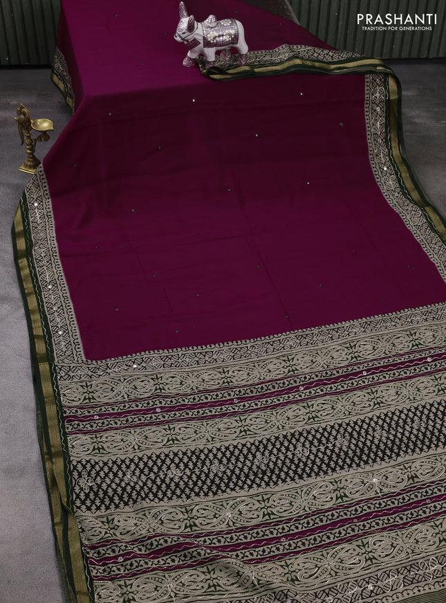 Maheshwari cotton saree magenta pink and green with mirror embroidery work and zari woven embroidery border