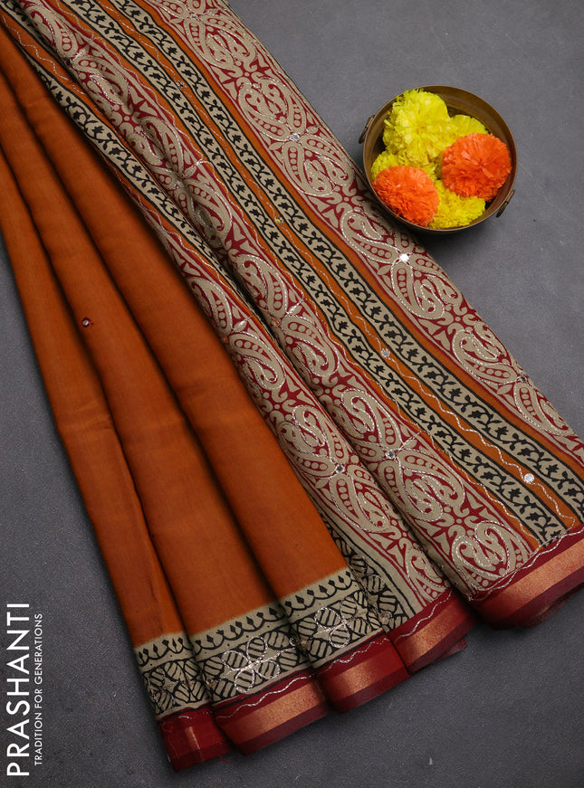 Maheshwari cotton saree dark mustard and beige maroon with mirror embroidery work and zari woven embroidery border