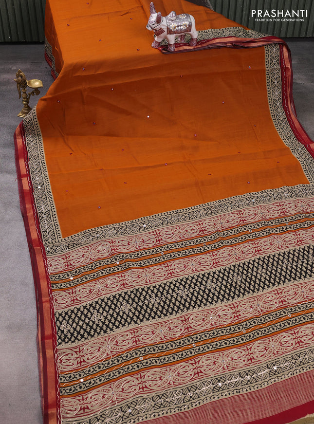 Maheshwari cotton saree dark mustard and beige maroon with mirror embroidery work and zari woven embroidery border