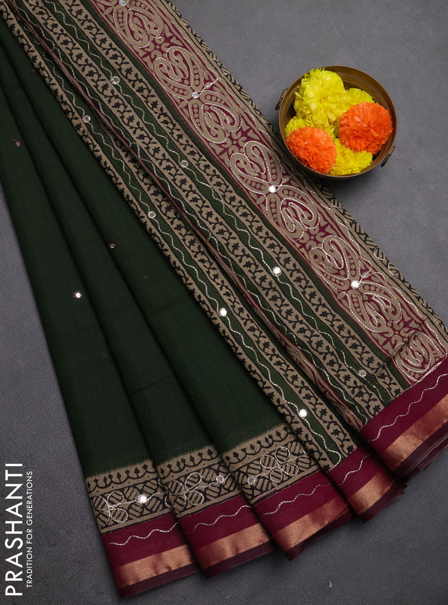 Maheshwari cotton saree sap green and beige magenta pink with mirror embroidery work and zari woven embroidery border