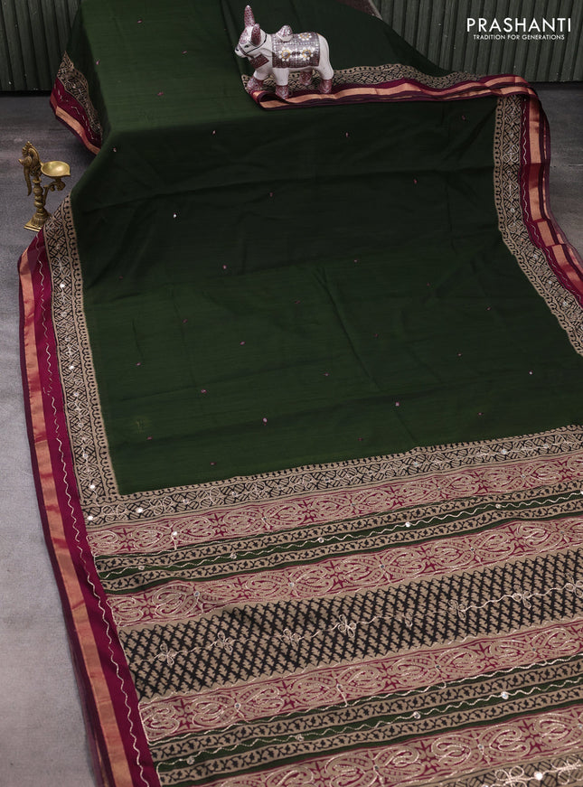 Maheshwari cotton saree sap green and beige magenta pink with mirror embroidery work and zari woven embroidery border