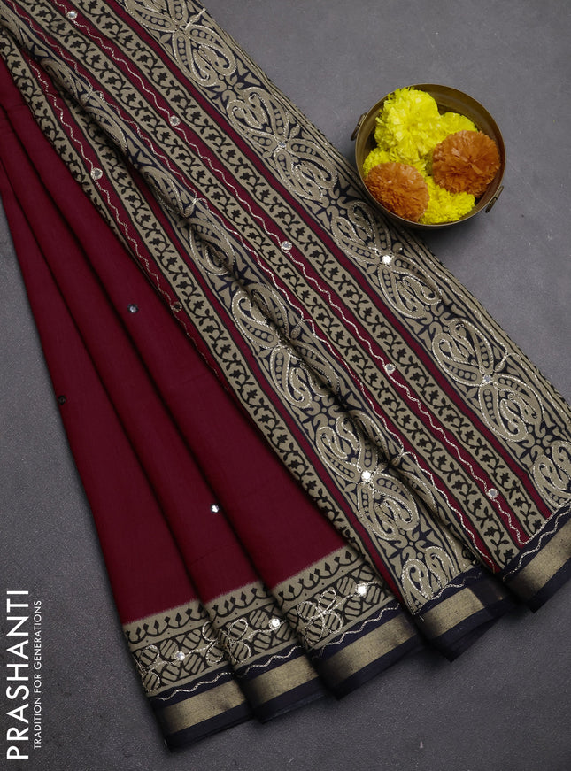 Maheshwari cotton saree maroon and beige black with mirror embroidery work and zari woven embroidery border