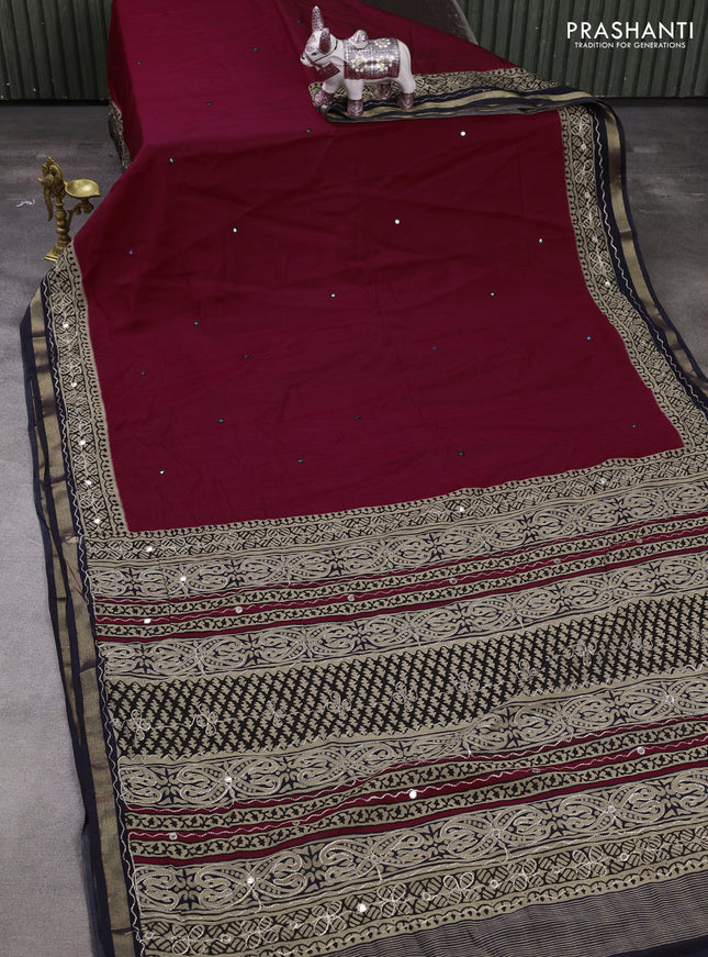 Maheshwari cotton saree maroon and beige black with mirror embroidery work and zari woven embroidery border