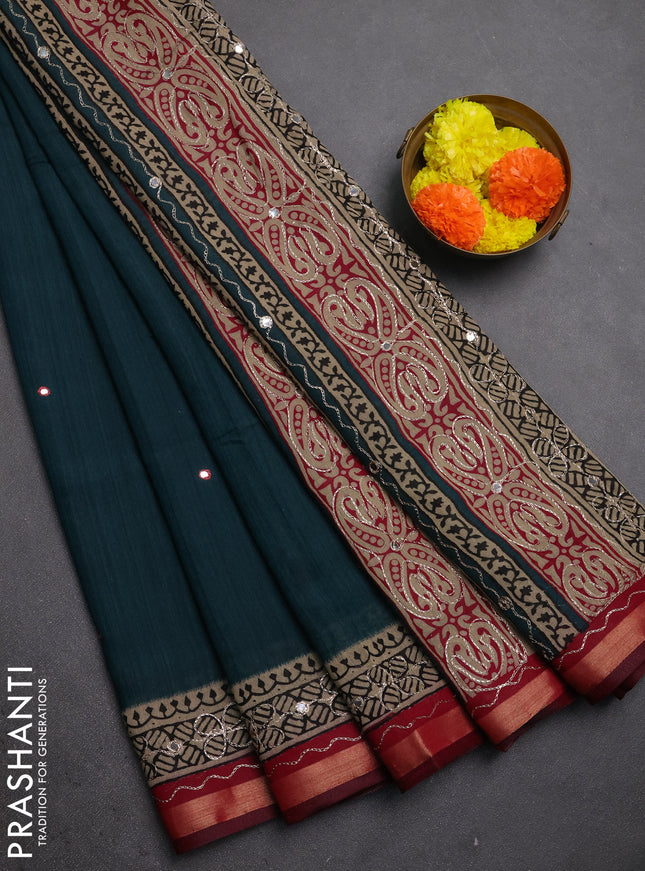 Maheshwari cotton saree peacock green and beige maroon with mirror embroidery work and zari woven embroidery border